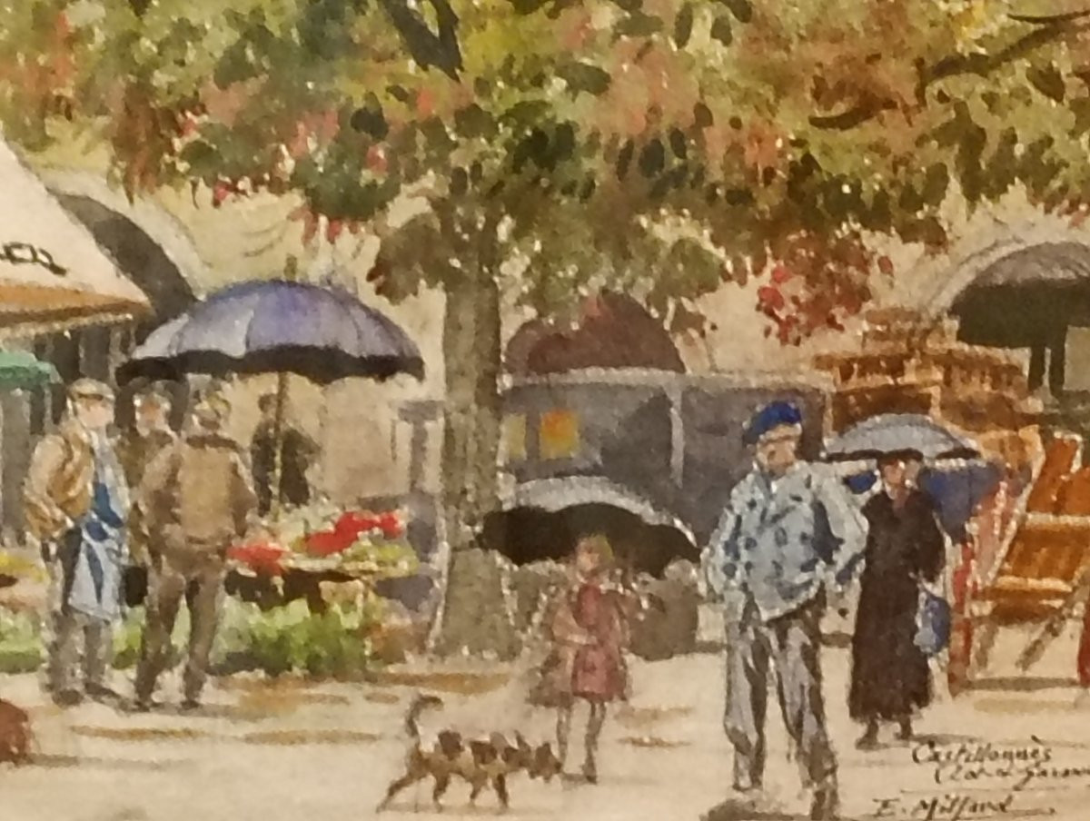 Watercolor Ernest Jean Marie Millard De Bois Durand Painting Market Day In Castillonnes-photo-4