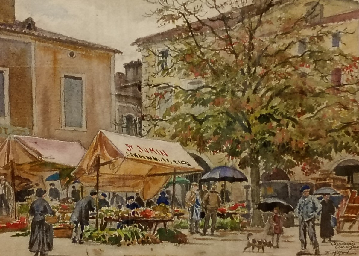 Watercolor Ernest Jean Marie Millard De Bois Durand Painting Market Day In Castillonnes