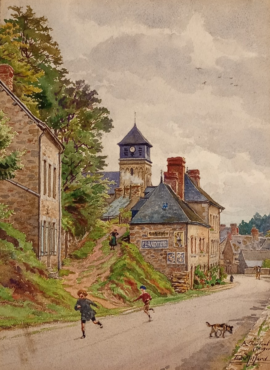 Watercolor Ernest Jean Marie Millard De Bois Durand Painting Town Of Chailland In Mayenne