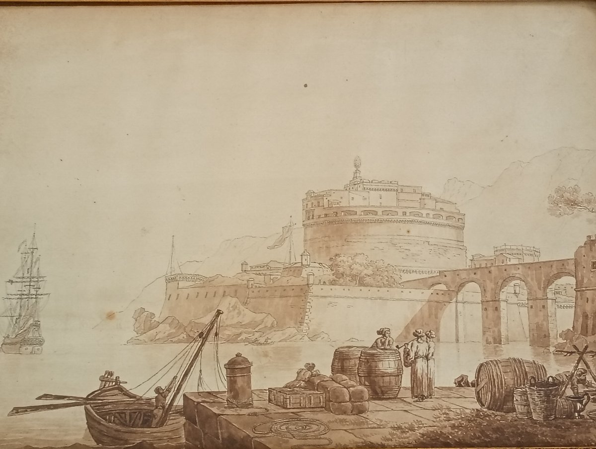 Drawing Architectural Caprice Castel Sant'angelo Wash School XVIII 18th Century-photo-3