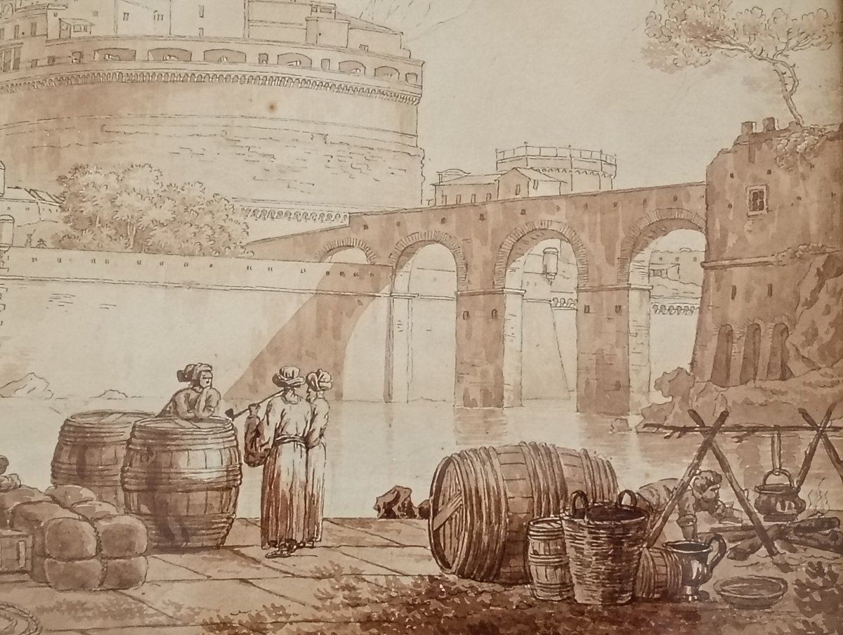 Drawing Architectural Caprice Castel Sant'angelo Wash School XVIII 18th Century-photo-4