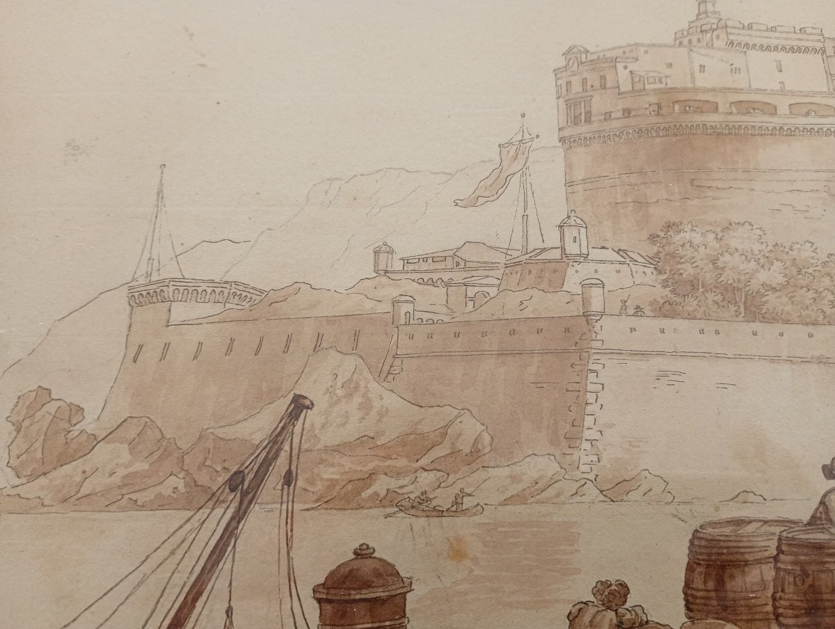 Drawing Architectural Caprice Castel Sant'angelo Wash School XVIII 18th Century-photo-1