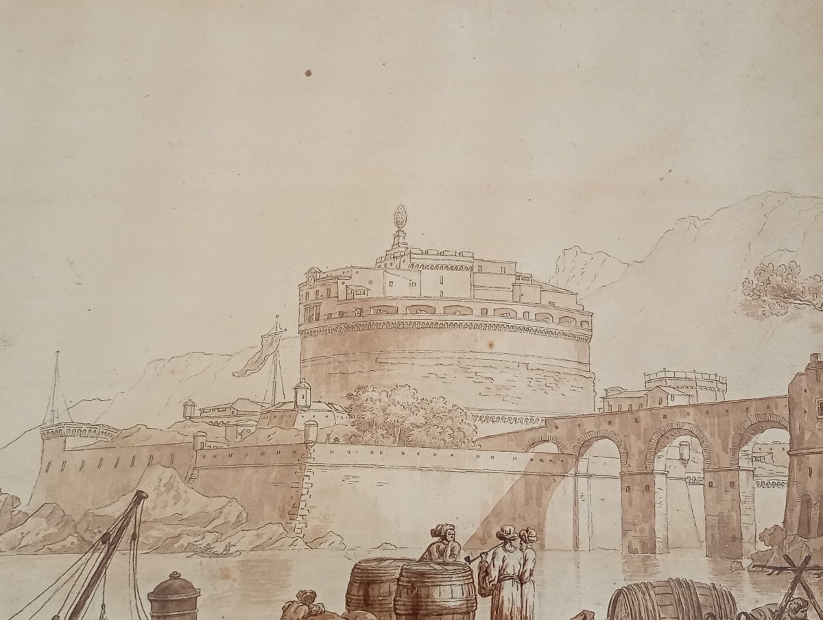 Drawing Architectural Caprice Castel Sant'angelo Wash School XVIII 18th Century-photo-2
