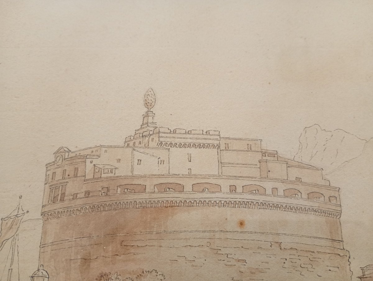 Drawing Architectural Caprice Castel Sant'angelo Wash School XVIII 18th Century-photo-3