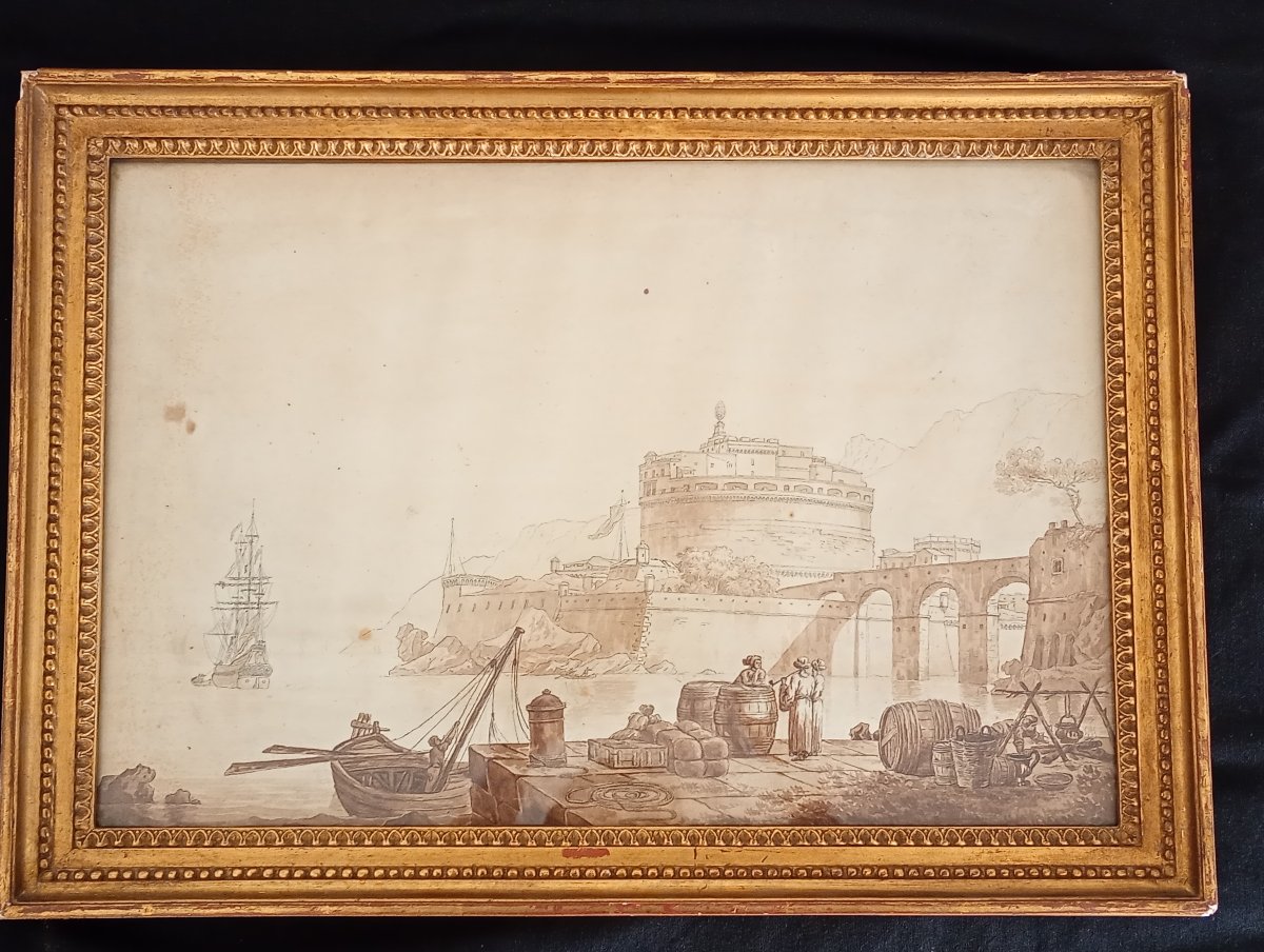 Drawing Architectural Caprice Castel Sant'angelo Wash School XVIII 18th Century