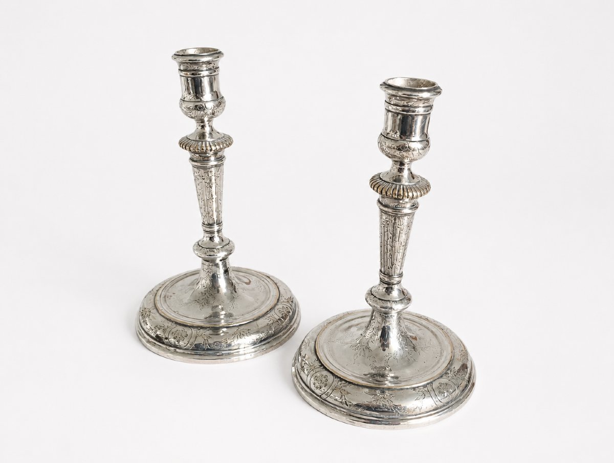Pair Of Silver-plated Bronze Torch Candlesticks Louis XV Period 15 Antiques 18th Century