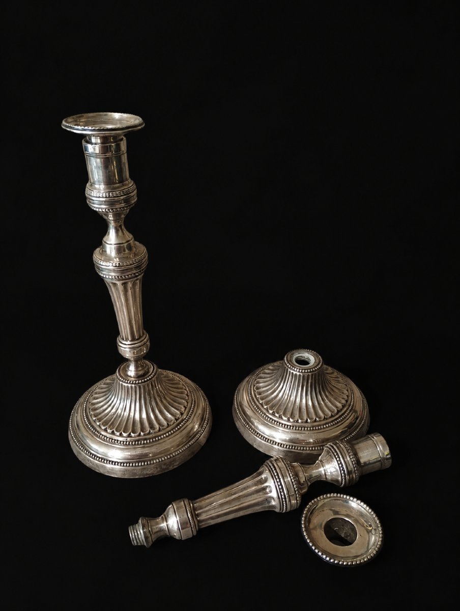 Pair Of Louis XVI-style Candlesticks, 16 Silver-plated Bronze, 18th Century-photo-2