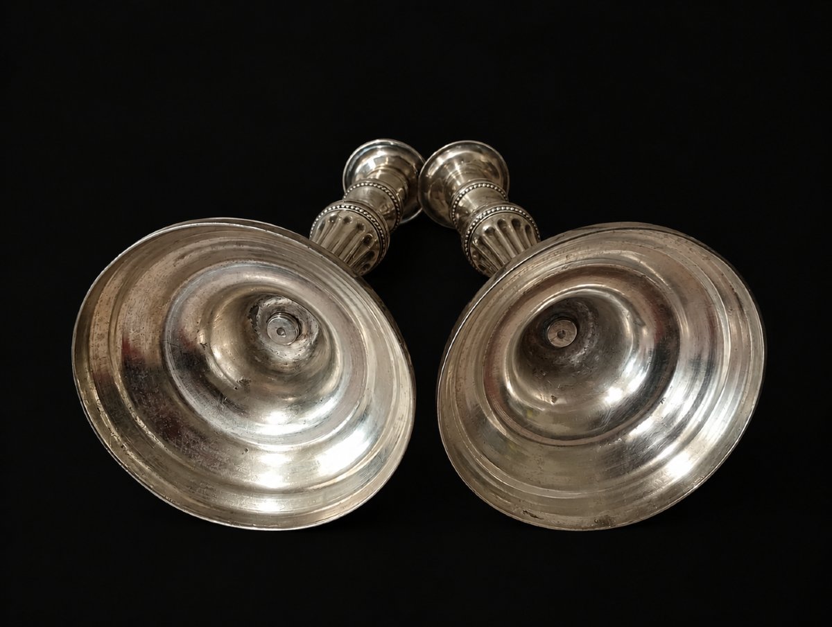 Pair Of Louis XVI-style Candlesticks, 16 Silver-plated Bronze, 18th Century-photo-3