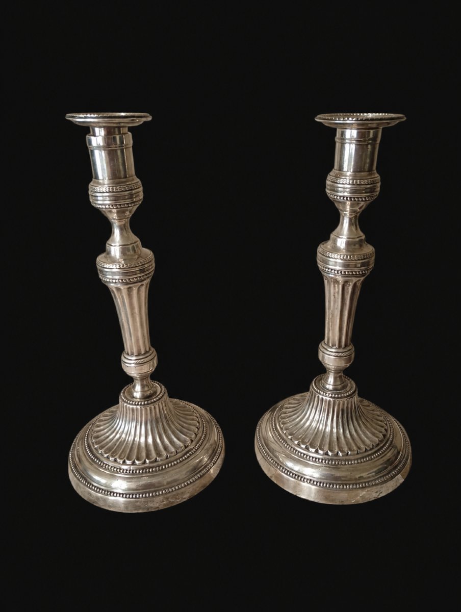 Pair Of Louis XVI-style Candlesticks, 16 Silver-plated Bronze, 18th Century
