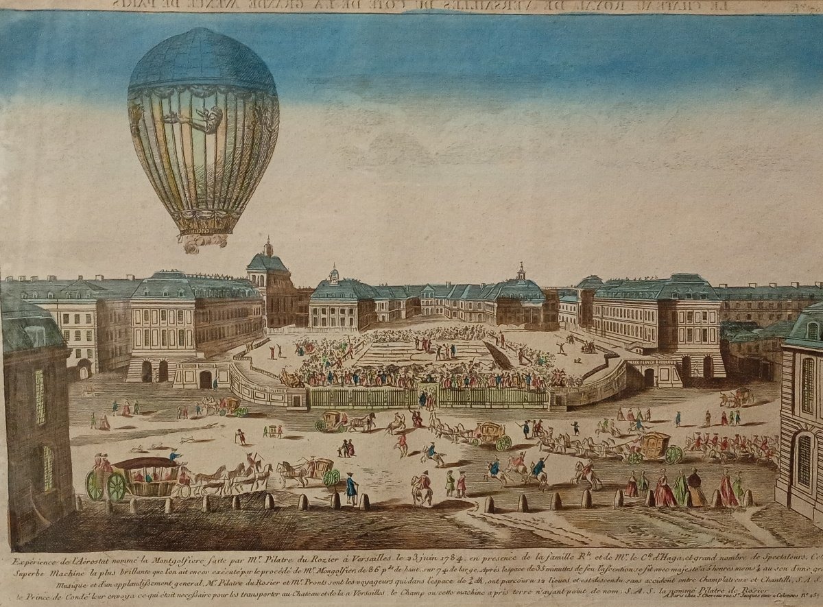 Vue d'optique château royal de Versailles montgolfière Marie Antoinette estampe gravure 18eme