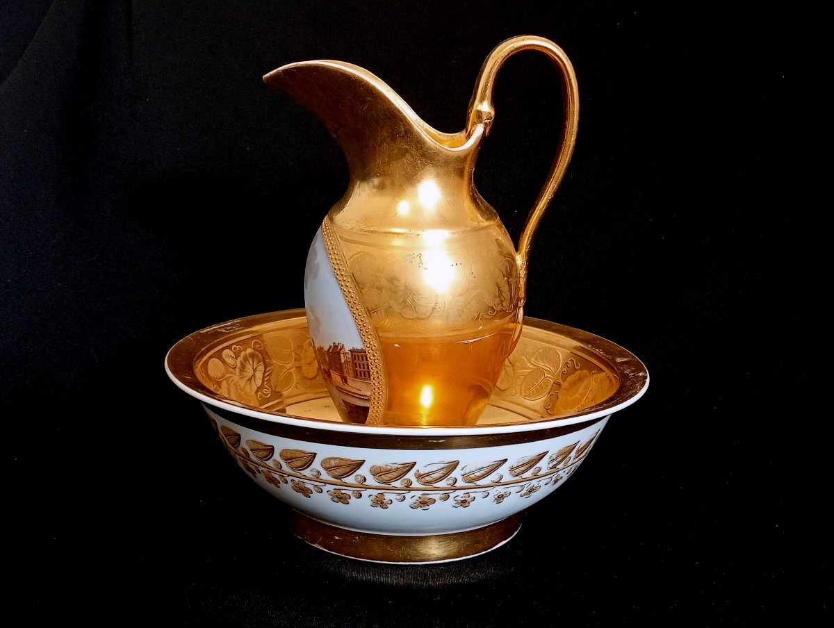 Porcelain Ewer And Basin, Porcelaine Old Paris, Louis-philippe-era Toiletries Set-photo-2