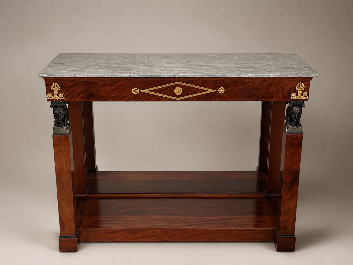 Empire-style Ceremonial Console Table In Flamed Mahogany, Napoleon I, Early 19th Century