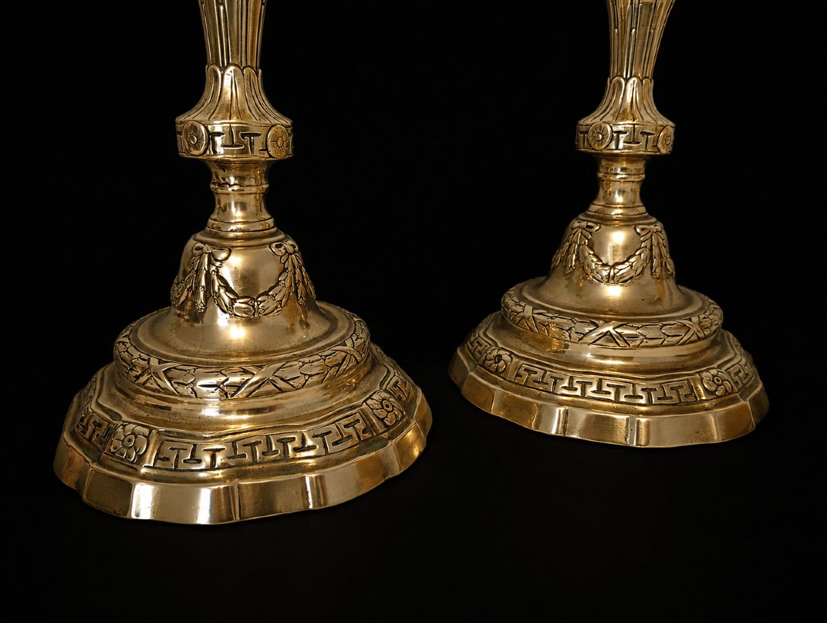 Paire de bougeoirs flambeaux en bronze epoque transition louis xv louis xvi 18eme xviii siecle-photo-2