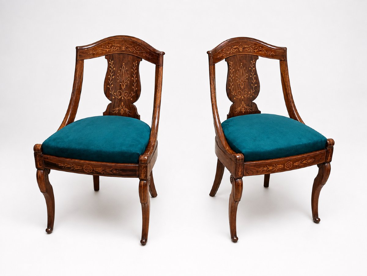 Pair Of Gondola Chairs With Marquetry, Charles X Period, Early 19th Century