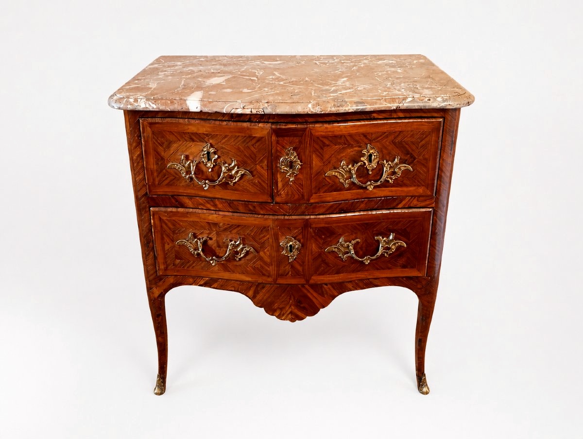 Jump-style Chest Of Drawers From The Transitional Period Between The Louis XV And 15th Styles, With Marquetry, 18th Century, Stamped