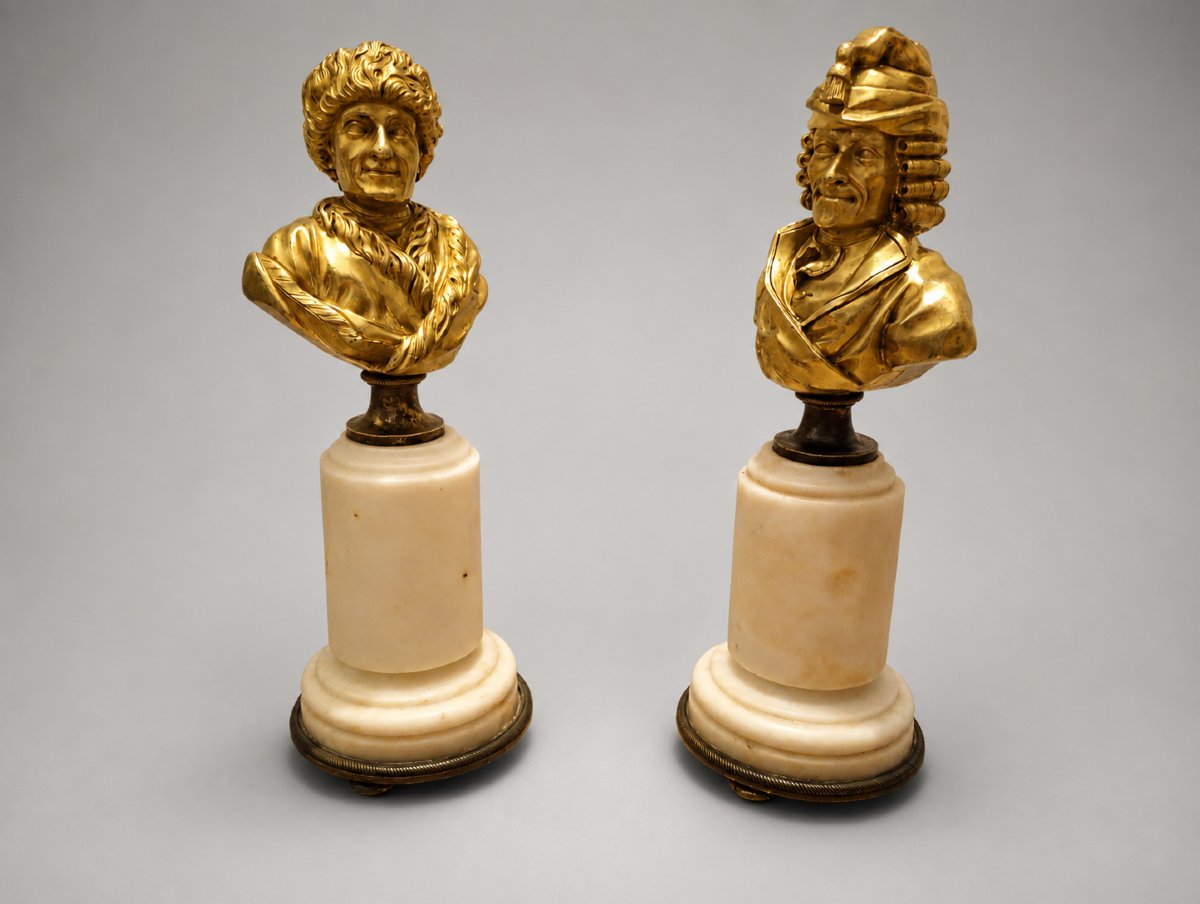 Pair Of Gilded Bronze Busts Of Voltaire And Rousseau, Louis XVI Period, 16th–18th Centuries, Age Of Enlightenment
