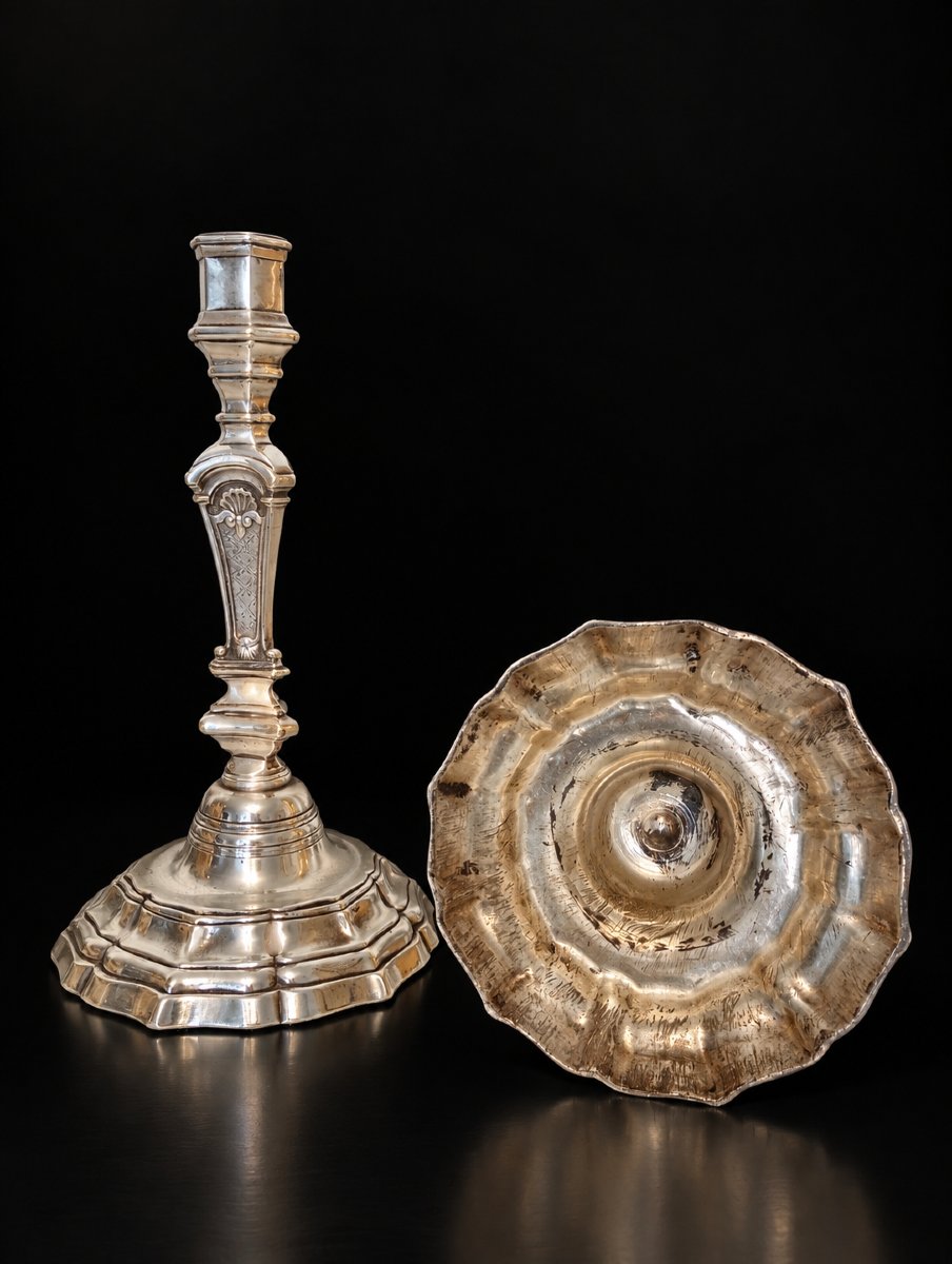 Pair Of Silver-plated Bronze Candlesticks From The Regency Period, 18th Century-photo-2