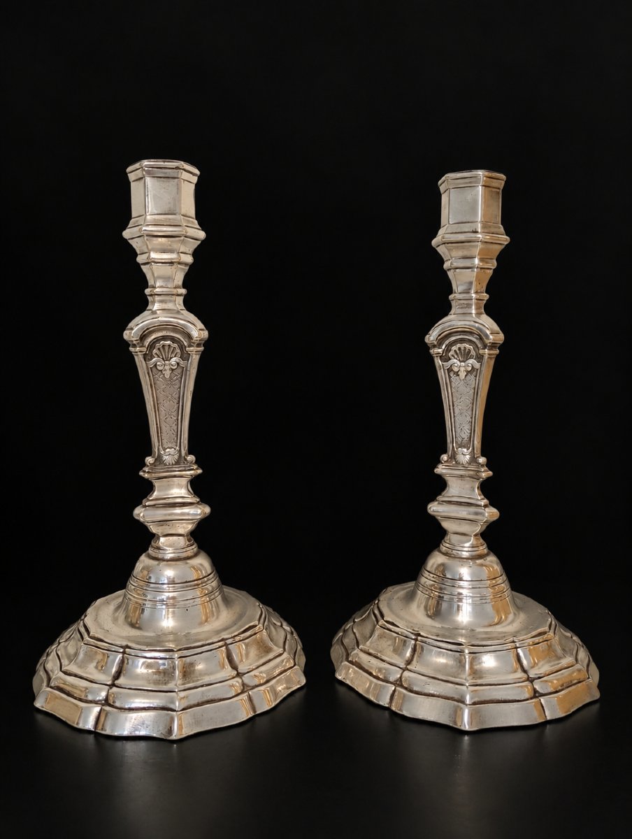 Pair Of Silver-plated Bronze Candlesticks From The Regency Period, 18th Century