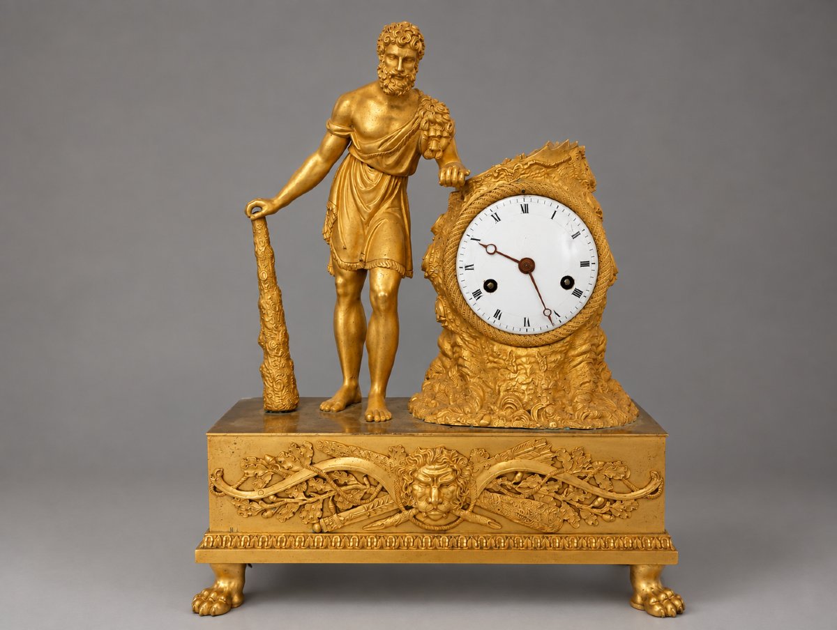 Pendule à poser en bronze doré à sujet mythologique, Hercule, epoque empire restauration