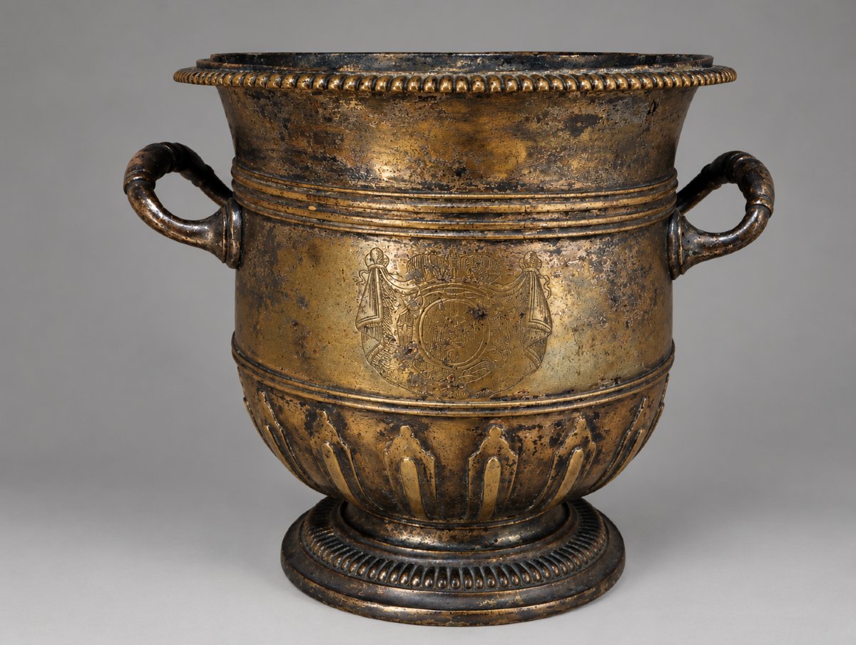 Seau à bouteilles rafraichissoir bronze argenté epoque louis xiv 14 régence armoiries blason