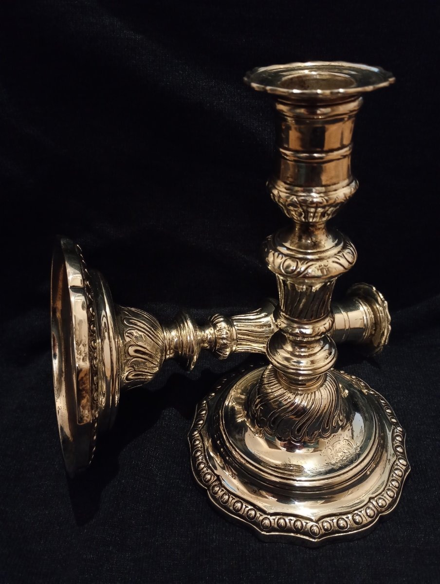 Pair Of Louis XV-era Bathroom Candlesticks, 15, Silver-plated Bronze, With Coat Of Arms And Crest-photo-3