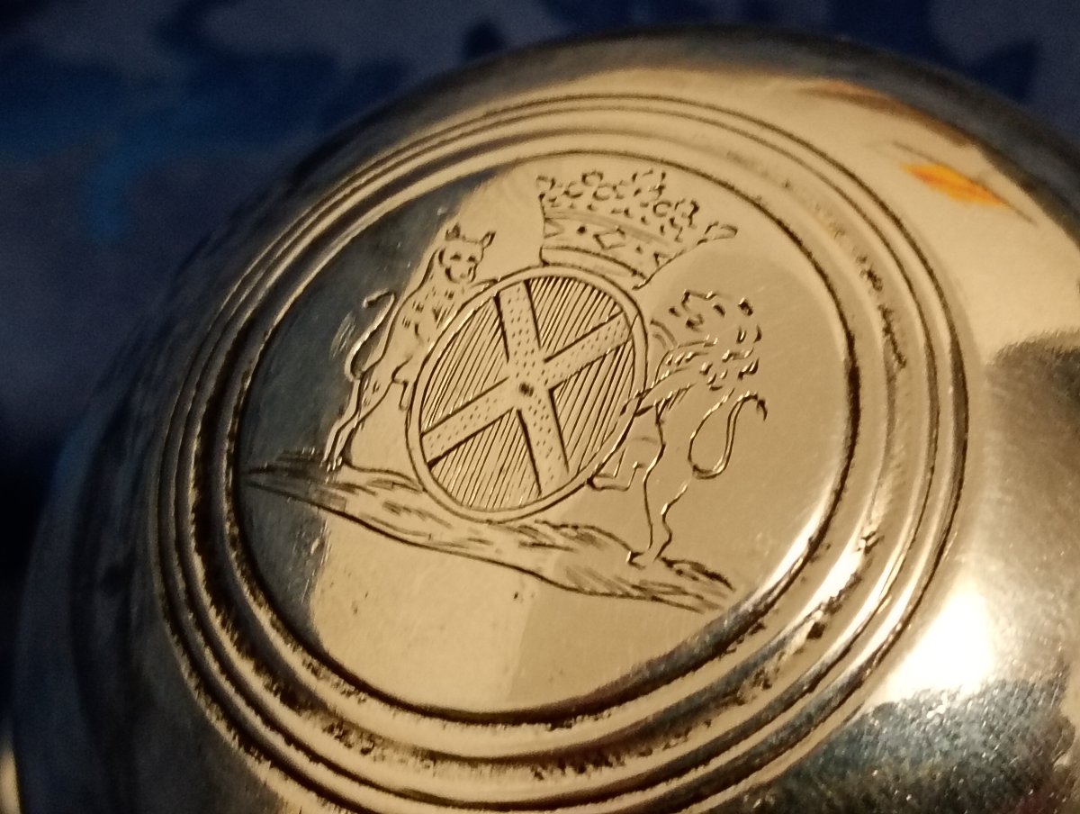 Boule à savon toilette bronze argenté armoiries blason epoque 18eme xviii siecle ancien regime-photo-2