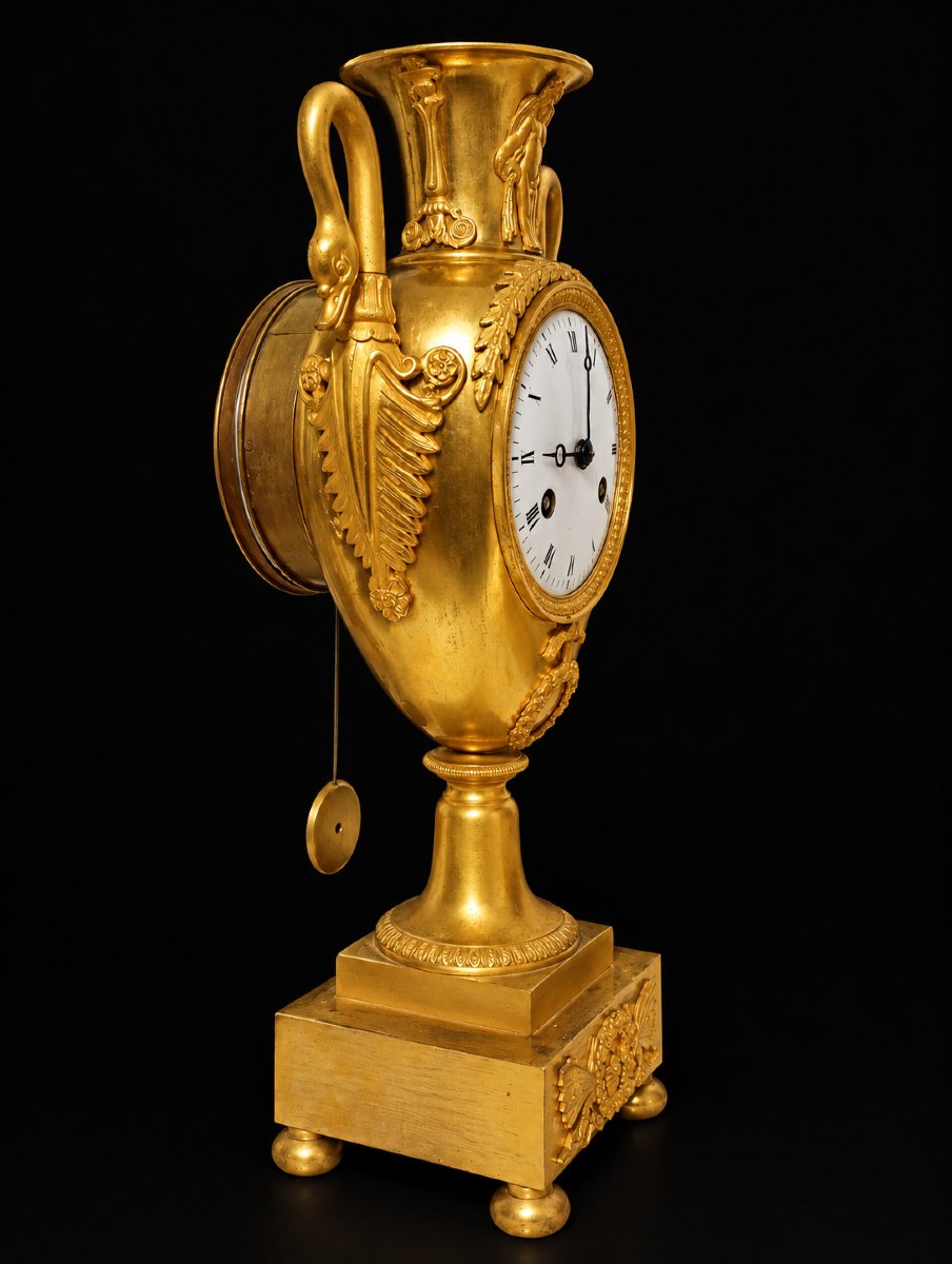 Gilded Bronze Empire-era Restoration-style Vase Clock With Swans -photo-2