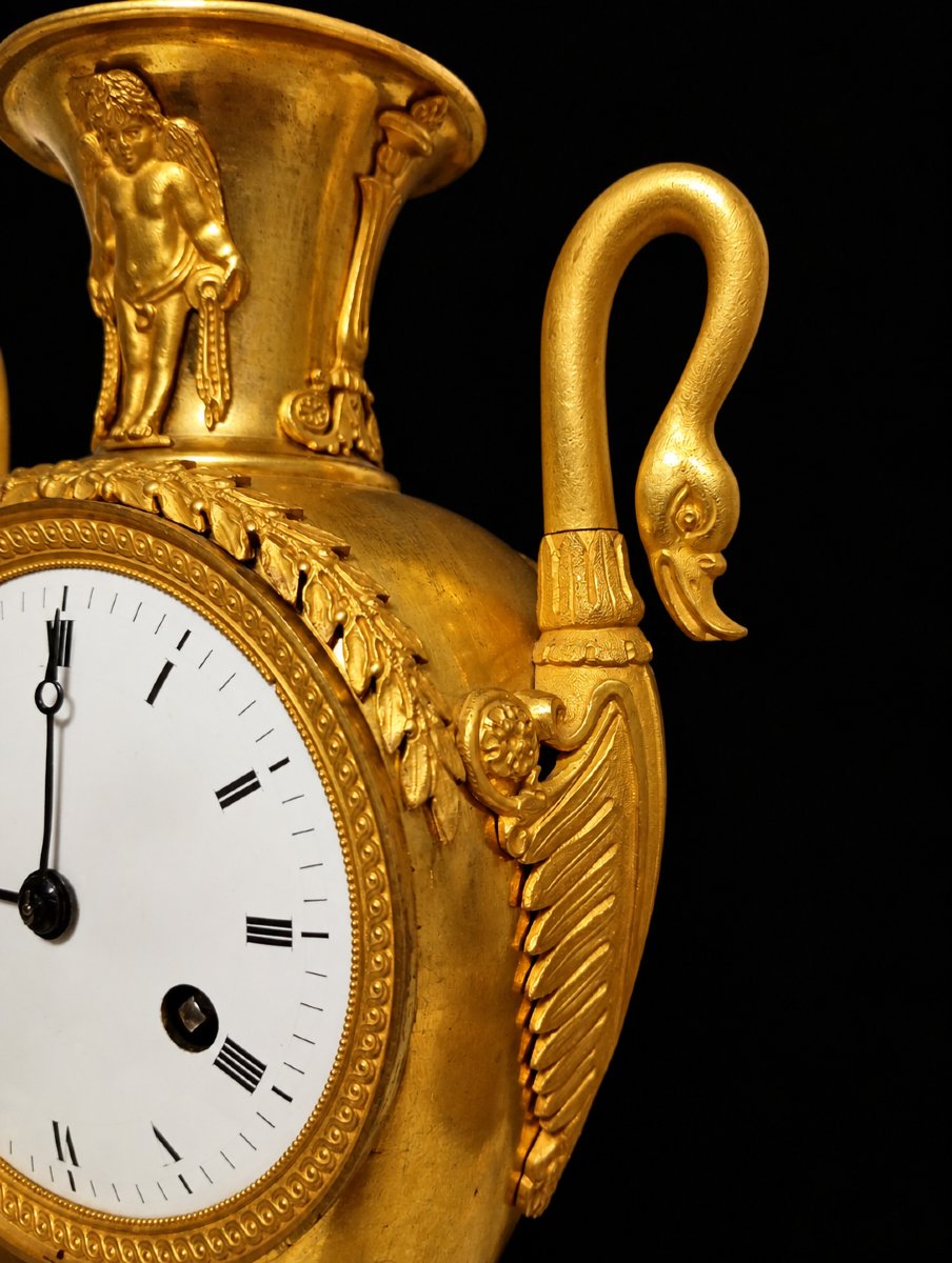 Gilded Bronze Empire-era Restoration-style Vase Clock With Swans -photo-3