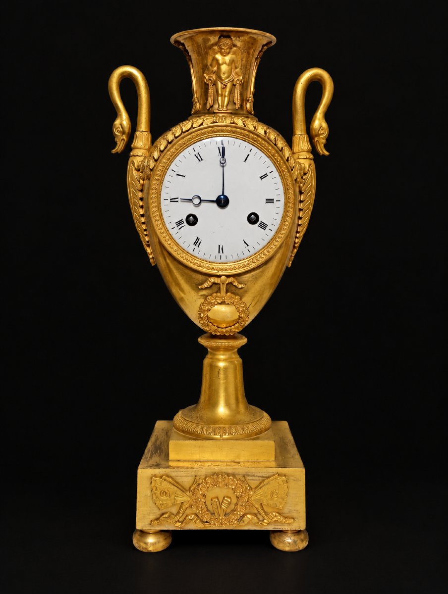 Gilded Bronze Empire-era Restoration-style Vase Clock With Swans 