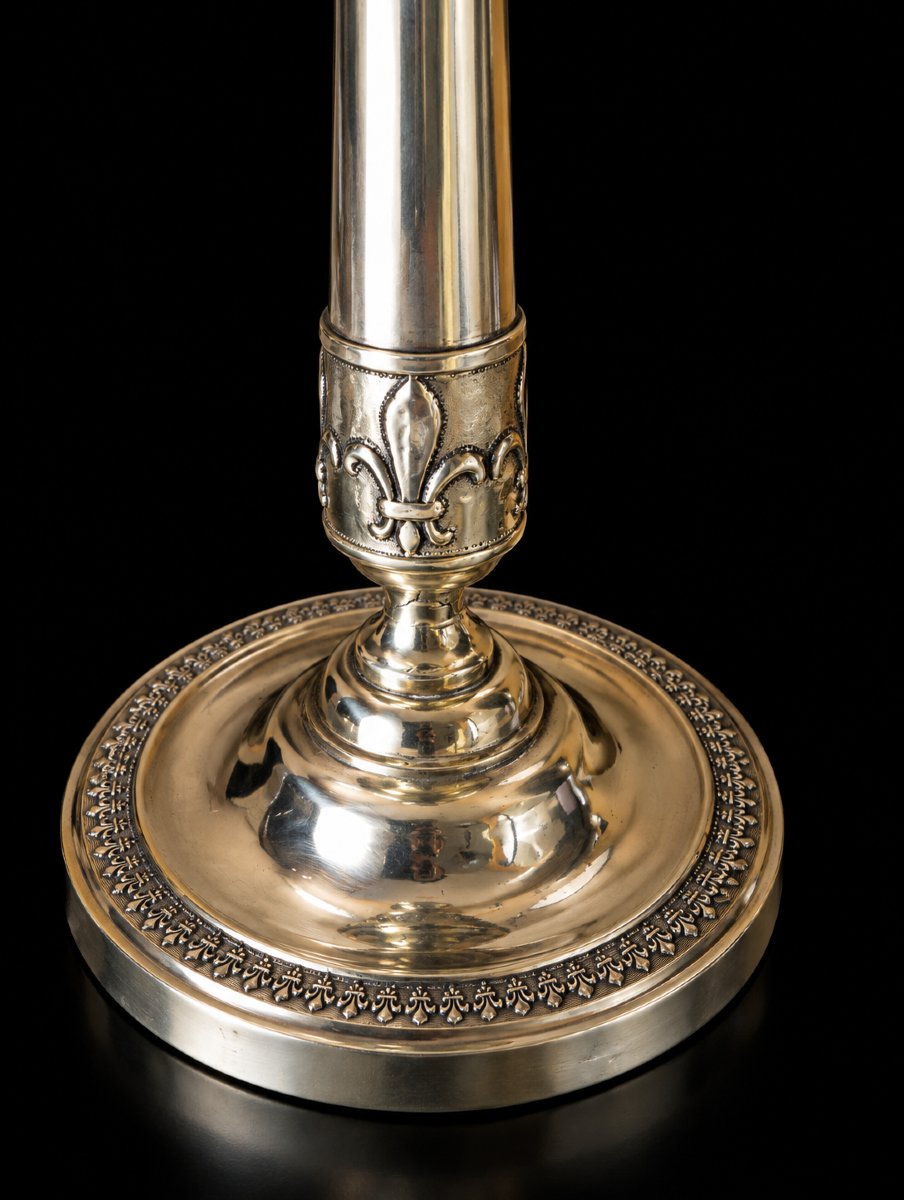Pair Of Early 19th-century (xix Century) Fleur-de-lis Bronze Candlesticks, Restored-photo-2