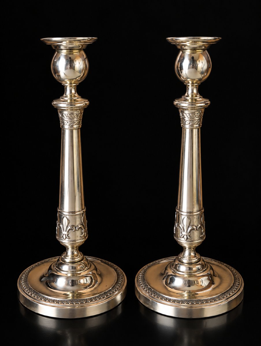 Pair Of Early 19th-century (xix Century) Fleur-de-lis Bronze Candlesticks, Restored