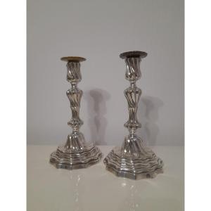 Pair Of Silver-plated Bronze King Candlesticks, Louis XV, XVIII, 18th Century, Torches