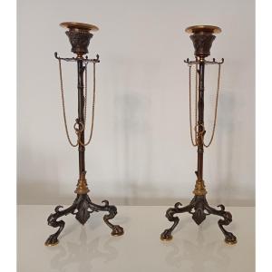 Pair Of Second Empire Napoleon 3 III Barbedienne Bronze Candlesticks