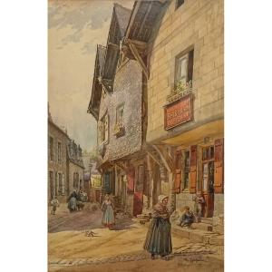 Aquarelle Ernest Jean Marie Millard de Bois Durand paysage ville de Fougères Bretagne peinture