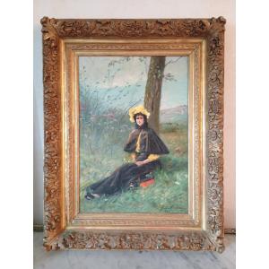 Gaston de Monnecove tableau portrait d'élégante Belle Epoque mode peinture fin xix 19eme siecle