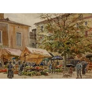 Aquarelle Ernest Jean Marie Millard de Bois Durand peinture jour de marché à Castillonnes