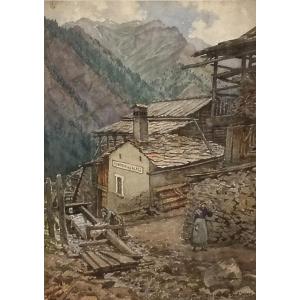 Aquarelle Ernest Jean Marie Millard de Bois Durand peinture saint Veran auberge des Alpes