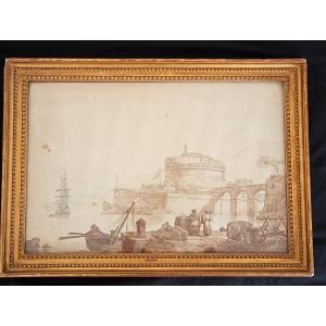 Drawing Architectural Caprice Castel Sant'angelo Wash School XVIII 18th Century
