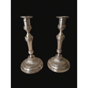 Pair Of Louis XVI-style Candlesticks, 16 Silver-plated Bronze, 18th Century
