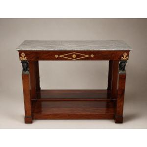 Empire-style Ceremonial Console Table In Flamed Mahogany, Napoleon I, Early 19th Century