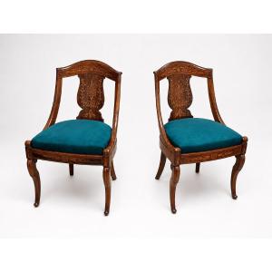 Pair Of Gondola Chairs With Marquetry, Charles X Period, Early 19th Century