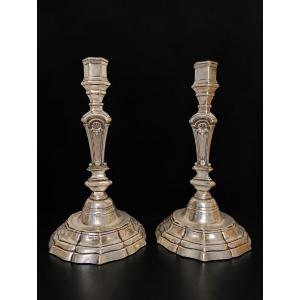 Pair Of Silver-plated Bronze Candlesticks From The Regency Period, 18th Century