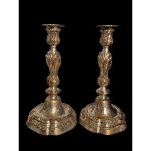 Pair Of Silver-plated Bronze Candlesticks In The Louis XV Style, 15th–18th Century, With Coat Of Arms 