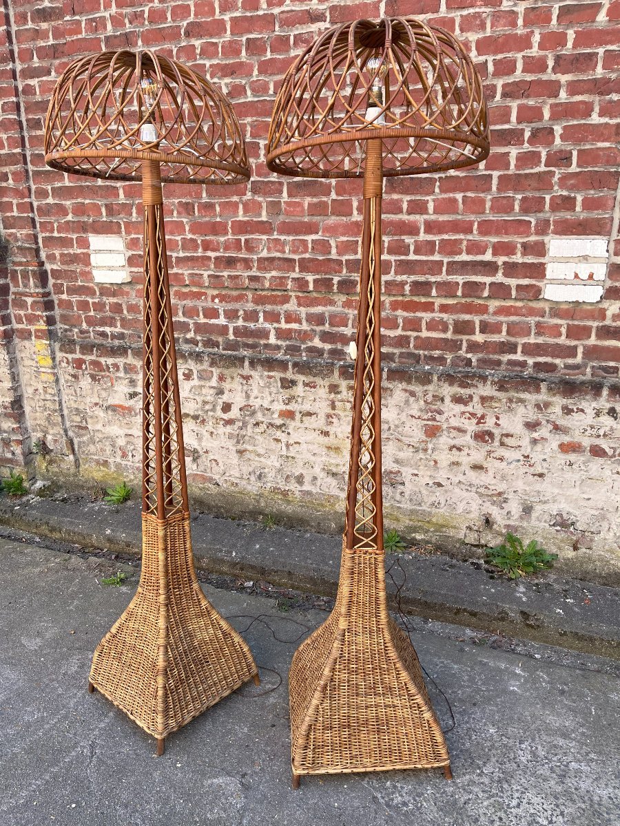 Paire De Lampadaires En Rotin Des Années 50. -photo-2