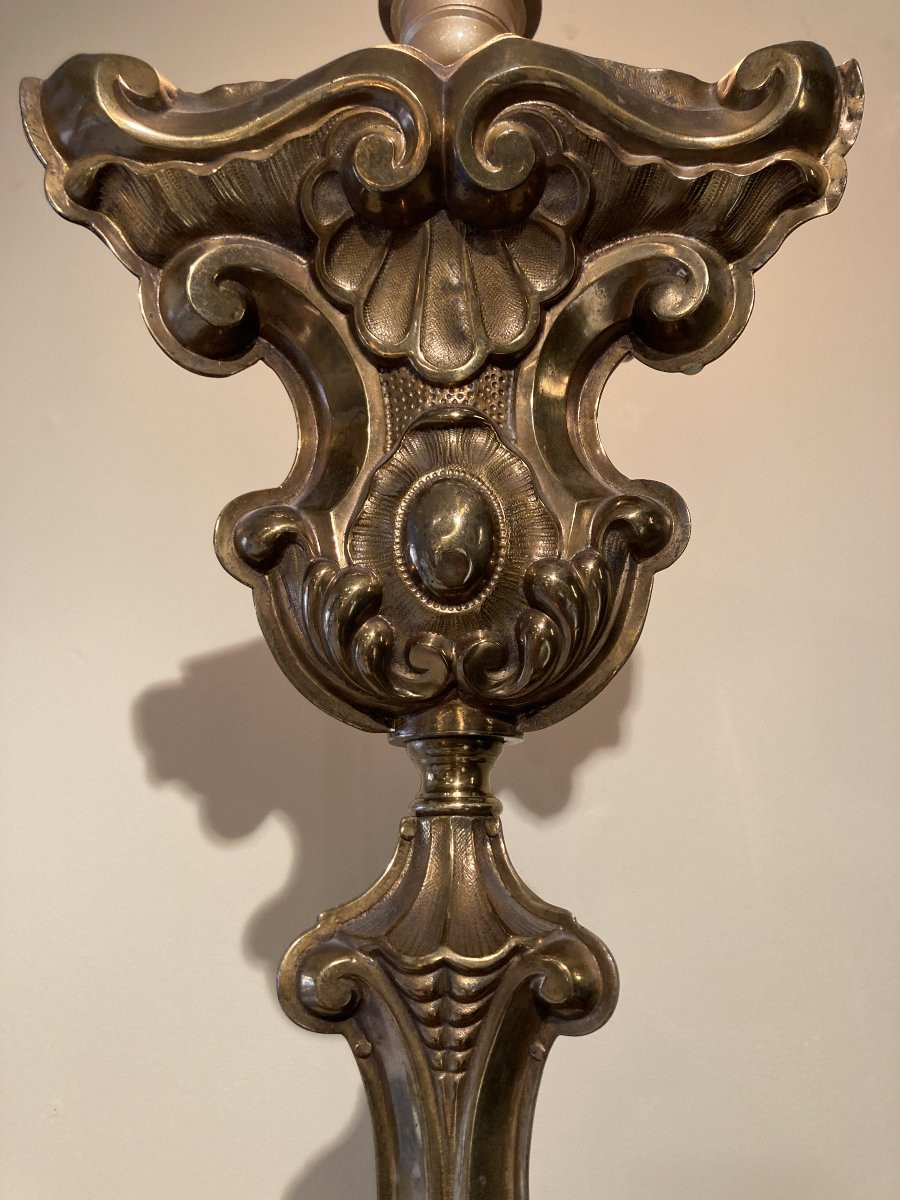 Embossed Copper Candlestick Mounted As A Lamp With Its Shade. -photo-3