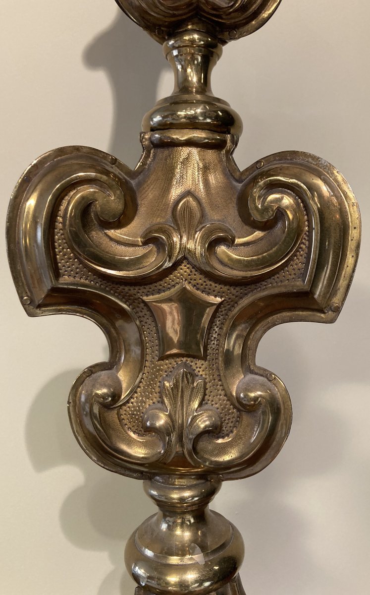 Embossed Copper Candlestick Mounted As A Lamp With Its Shade. -photo-4