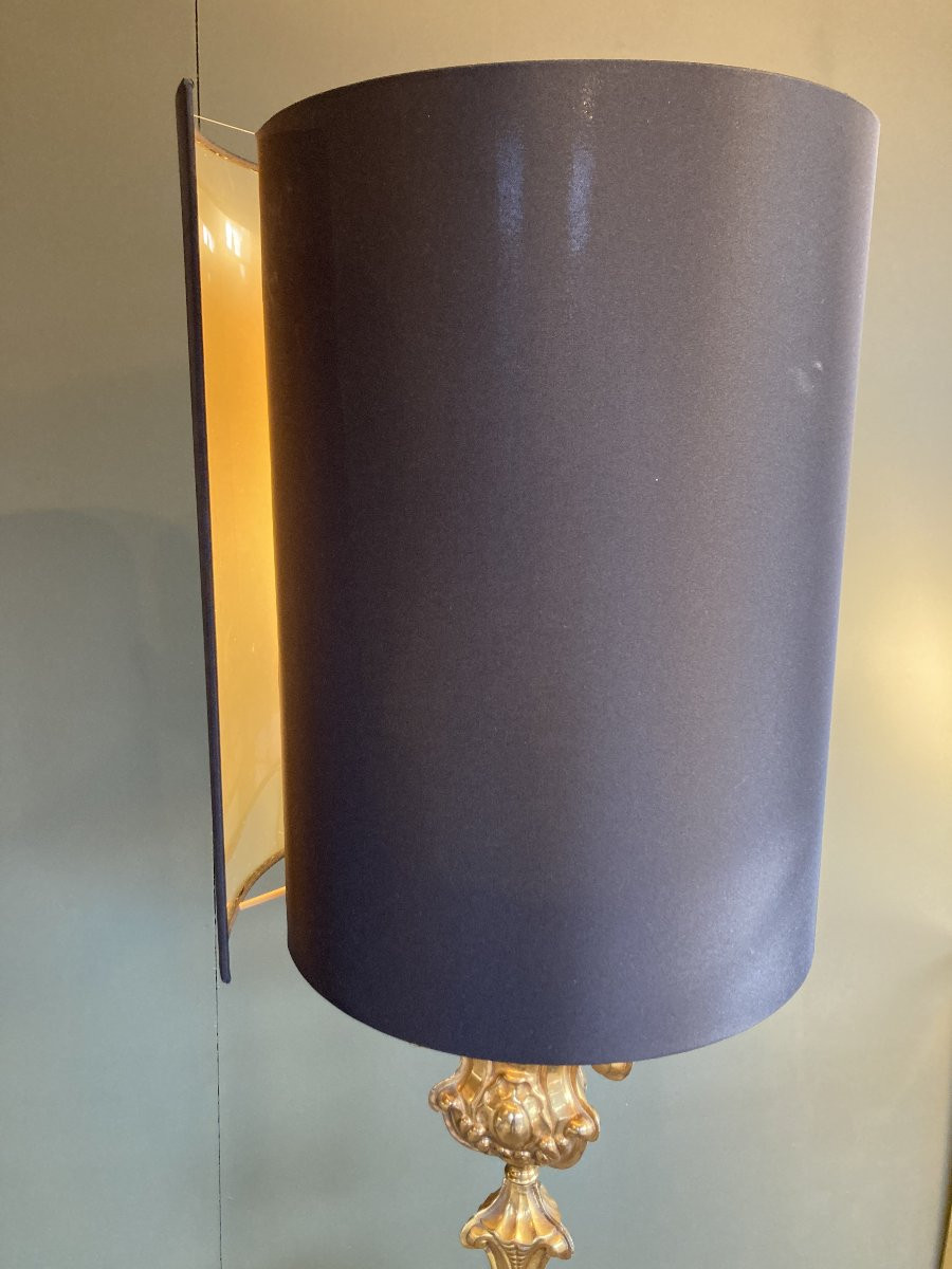 Embossed Copper Candlestick Mounted As A Lamp With Its Shade. -photo-2