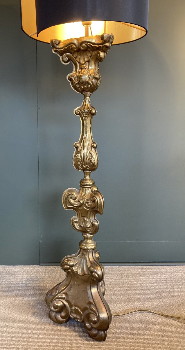 Embossed Copper Candlestick Mounted As A Lamp With Its Shade. -photo-3
