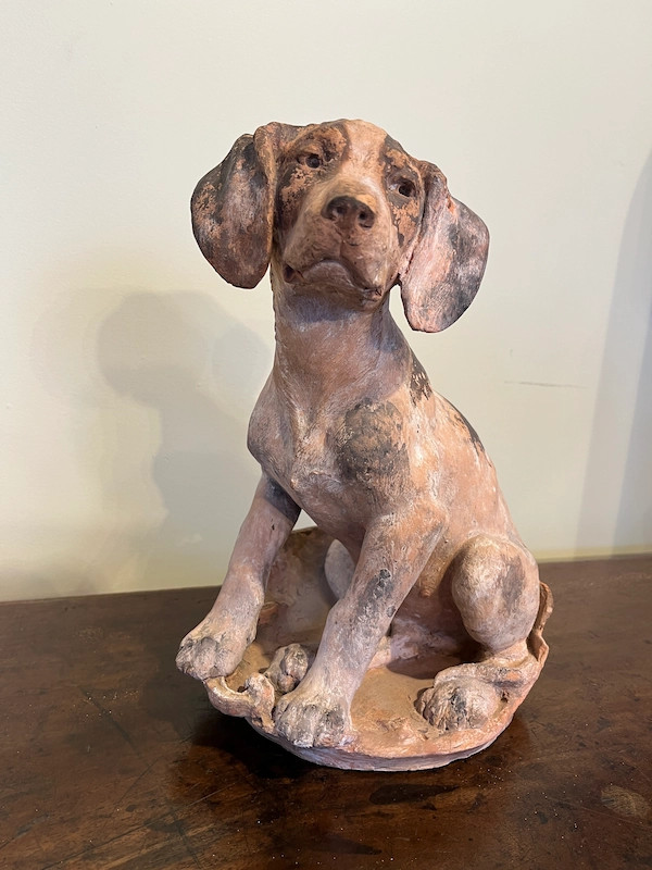 Terracotta Sitting Dog Signed Maurice Leblanc-photo-2