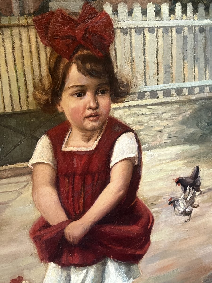 Tableau d' une enfant nourrissant ses poules-photo-2